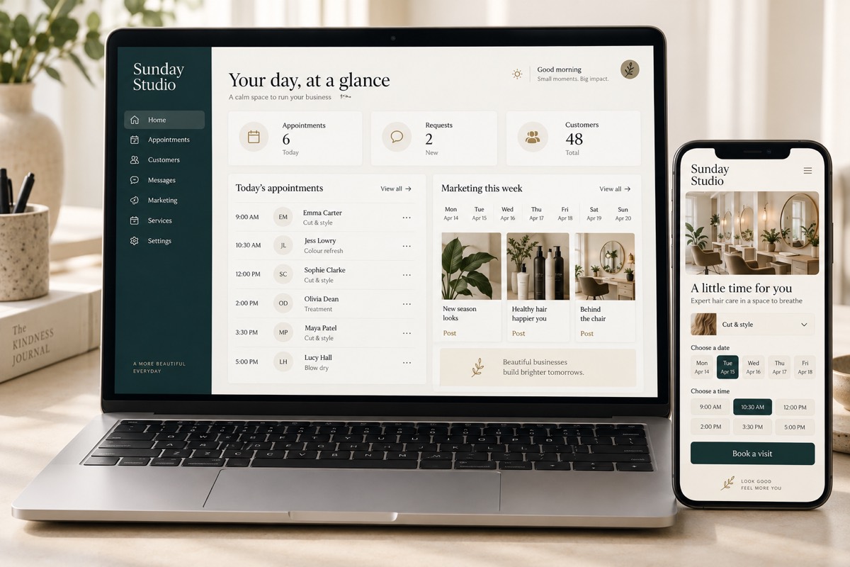 Concept mockup: a laptop showing a business dashboard beside a phone showing its customer booking app